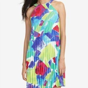 Lauren Ralph Lauren Pleated Abstract Floral Dress Size 10 High Halter Neck Lined